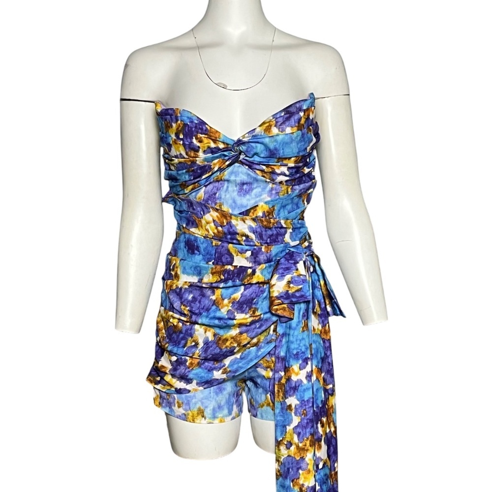 Floral Strapless Jumpsuit - Blue and Yellow